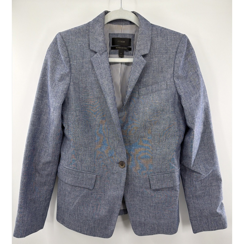 J Crew Blue Gray Chambray Regent Blazer One Button Cotton Size 6‎ Womens Career